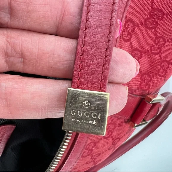 GUCCI GG Canvas Boston Bag, Red Jacquard Fabric, Red Leather Trim, Authentic